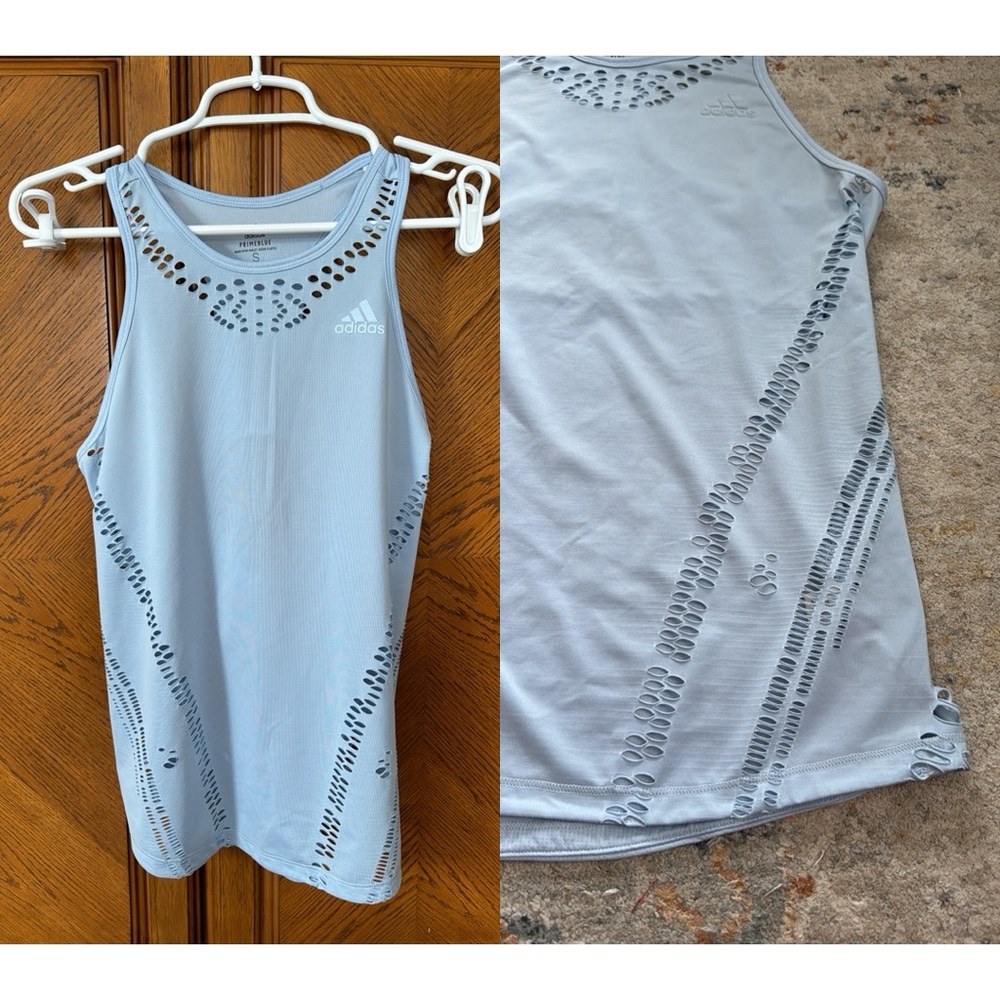 Adidas Primeblue Aeroready long tank top with holes, size S, baby blue